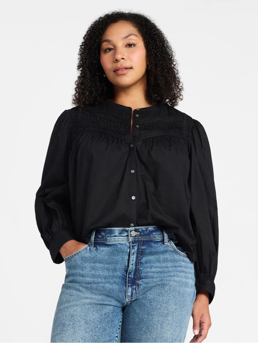 Time and Tru Women's Textured Yoke Cotton Blouse with Long Puff Sleeves
